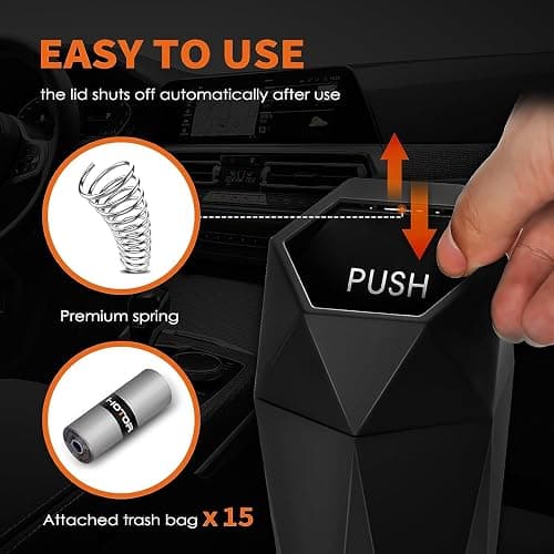 HOTOR Car Trash Can with Lid - 1 Pack, Mini Essential Car Accessories for Interior, Leakproof Car Garbage Can with 15 Attached Trash Bags, Multipurpose Car Organizers and Storage,Black thumbnail 2