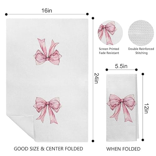 Kemingni Coquette Pink Bow Kitchen Towels Set of 2, Preppy Pink Ribbon Pattern Hand Towels for Bathroom, Girly Coquette Bathroom Decor, Bow Aesthetic Dish Tea Towels for Kitchen, 16x24 inches - Color 01 thumbnail 3