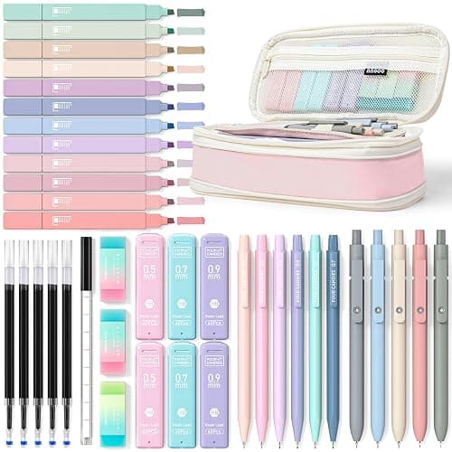 Four Candies 39 PCS Aesthetic School Supplies with Cute Pen Case, 5 Black Ink Gel Pens, 12 Pastel Highlighters, 6 Mechanical Pencils for Girls Stationary Set Back to College Essentials (Pink) - Pink - Image 1
