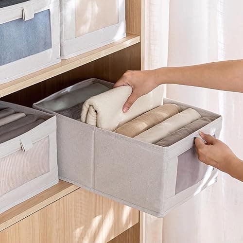 Pradnel Linen Closet Organizers And Storage, 4 Pack Storage Bins Baskets for Organization Foldable Organizer with Clear Window Organizing Clothing, Jeans, Shelves thumbnail 4