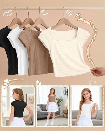 LessonZoo 4 Pack Girls Crop Tops Ribbed T Shirts | Back to School, Short Sleeve, Square Neck, Soft, Basic, Slim Fitted, Cute, Casual Tees, Teen, Youth, Ages 5-14 thumbnail 4
