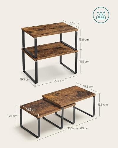SONGMICS Spice Rack, Set of 2 Cupboard Shelf Organiser, Expandable Kitchen Shelf Organiser, Stackable Spice Holder, Metal and Engineered Wood, Black and Rustic Brown KCS020X01 thumbnail 3