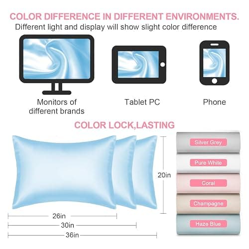Mulberry Silk Pillow Cases Standard Size with Hidden Zipper, Ultra Smooth and Soft Breathable Cooling Silk Satin Pillowcase for Hair and Skin, Gifts for Women Men (Sky Blue, 20x26 Inches, 1 Pack) thumbnail 2