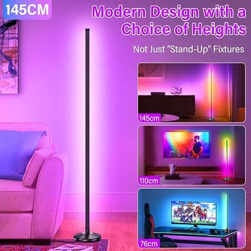 NIKYJM LED Stehlampe Wohnzimmer 145cm RGB Stehlampe Dimmbar Standleuchte LED Ecklampe mit Fernbedienung und APP, 16 Millionen Farben, 300 Szenenmodi Musikmodi DIY-Modus für Wohnzimmer Wohnzimmer Büro thumbnail 3