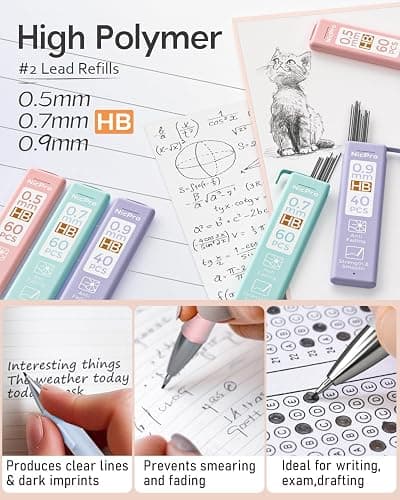 Nicpro 6PCS Pastel Mechanical Pencil Set, Cute Mechanical Pencils 0.5 mm & 0.7 mm & 0.9 mm with 360PCS HB Lead Refills, Eraser, Eraser Refill for Student Writing Drawing Sketching Drafting with Case thumbnail 2