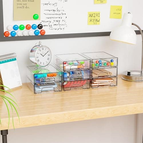 Yieach 4 Pack Small Clear Stackable Storage Drawers,2.2'' Tall Desk Organization and Storage,Plastic Office Supply Organizer,Acrylic Storage Containers for Makeup,Hair Clip,Accessory,Pen,Art Crafts thumbnail 9