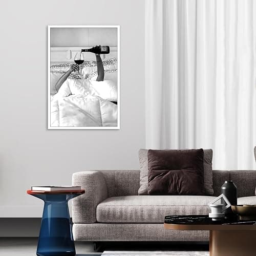 Quark Vintage Feminist Wall Decor Funky Black and White Canvas Wall Art Aesthetic Posters Trendy Woman Drinking Wine in Bed Print - Photo for Tavern Bar She Shed Man Cave Home Bar 12x16in Unframed thumbnail 3