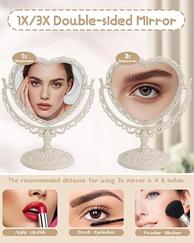 XPXKJ 7 Inch Vintage Heart Mirror - Elegant Desk Makeup Mirror with Double Sided 360 Degree Rotation Vanity Mirror for Coquette Room Decor thumbnail 5