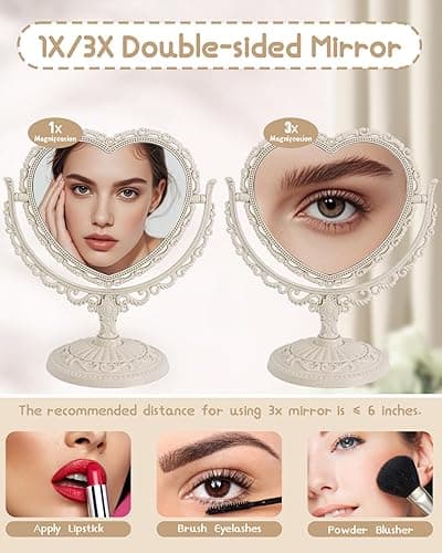 XPXKJ 7 Inch Vintage Heart Mirror - Elegant Desk Makeup Mirror with Double Sided 360 Degree Rotation Vanity Mirror for Coquette Room Decor - Beige thumbnail 6