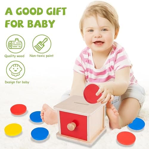 Adena Montessori Coin Lock Box,2 in 1 Object Permanence Box Toys for 1 Year Old Baby Coins,Wooden Mechanisms Help Develop Probelm Solving Skills Toys for 6-12 Month Infant Toys,Learning Kids Gifts thumbnail 7
