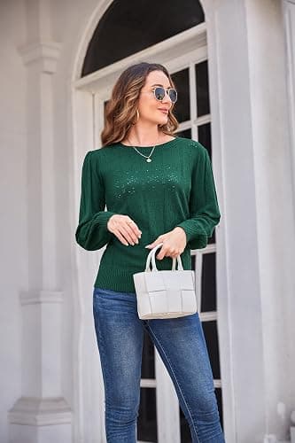 GRACE KARIN Women's Long Lantern Sleeve Crew Neck Crochet Top Hollow Out Fall Pullover Sweater thumbnail 2