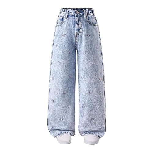 Baggy Jeans for Girls Cute Bow Jeans Y2K Wide Leg Elastic Waist Ripped Denim Pants Teens Back to School Trousers thumbnail 7
