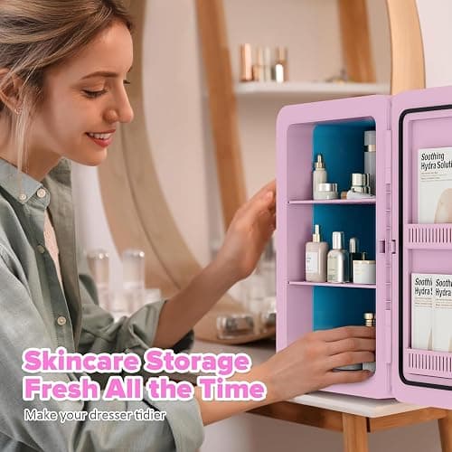 Mini Fridge 22Liter/ 30 Cans, AC+12V DC Cooler & Warmer Portable Mini Fridge for Bedrooms with Adjustable Shelves, Small Fridges for Car, Home Office, Travel, Cosmetics, Drinks (Pink) thumbnail 5