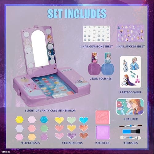 Disney Frozen Beauty Vanity Set with Light-Up Mirror, Includes Lip Gloss, Eyeshadow, Blush, Brushes, Nail Polishes, Accessories, AA Batteries Not Included, Ages 3+, by Townley Girl thumbnail 3