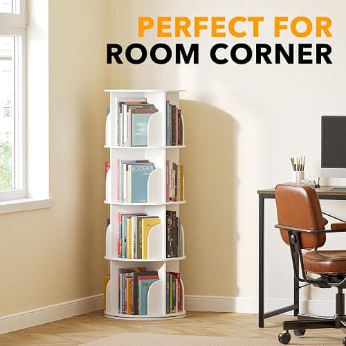 SpaceAid 4 Tier Rotating Bookshelf Tower, Spinning Bookcase Lazy Susan, Revolving 360 Book Shelf Storage Round Carousel, Vertical Rotate Turning Spiral Corner Organizer, White thumbnail 5