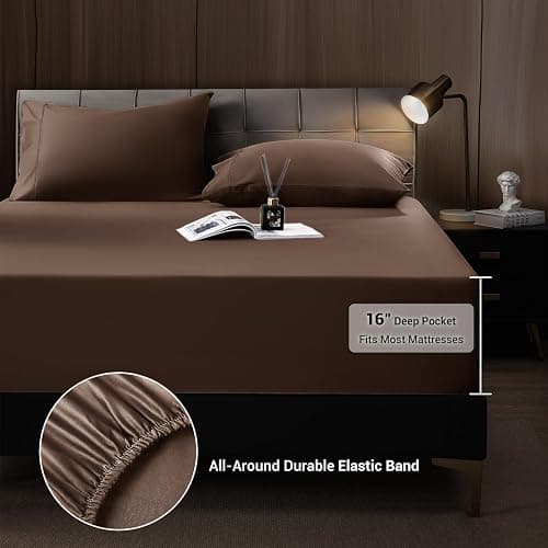 Shilucheng 4 Piece Queen Sheet Sets, Cooling Sheets, Blend Rayon Derived from Bamboo, Deep Pocket Up to 16", Breathable & Soft Bed Sheets, Hotel Silky Bedding Set, Brown thumbnail 8
