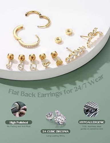 LOLIAS Hypoallergenic Flat Back Earrings-Cartilage Earring Stacks-Surgical Steel Earrings for Sensitive Ears - Small Stainless Steel Flatback Stud Hoop Earring Sets for Helix Tragus Conch Daith Multiple Piercing Jewelry Trendy thumbnail 3