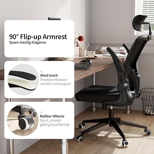 Monhey Office Chair Ergonomic Desk Chair with Lumbar Support&Headrest&Flip-up Arms Height Adjustable Rocking Swivel High Back Computer Chair Black Mesh Study Chair (03All Black) thumbnail 3