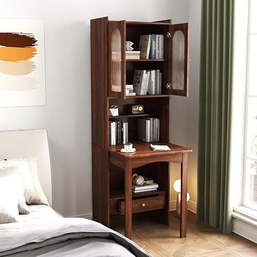 LUMISOL Fold-Out Home Office Desks Writing Table with Glass Doors, Drawers, Bookshelf & Storage Shelves, Modern Wooden Convertible Workstation for Work, Study, Walnut - Image 1