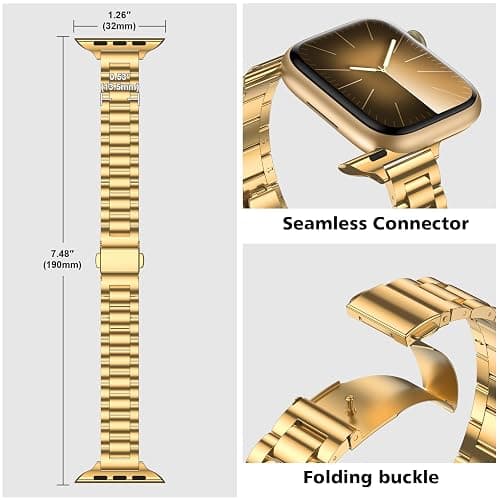 Tasikar Thin Metal Band Compatible with Apple Watch Band 49mm 46mm 45mm 44mm 42mm Women Stainless Steel Replacement Strap Compatible with iWatch Ultra SE Series 10 9 8 7 6 5 4 3 2 1, Gold thumbnail 4