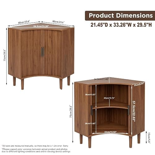 Fluted Corner Cabinet, Small Corner Floor Cabinet with Sliding Doors and Adjustable Shelves, Modern Wooden Freestanding Narrow Storage Organizer for Small Space,Living Room, Dining Room, Bathroom thumbnail 2