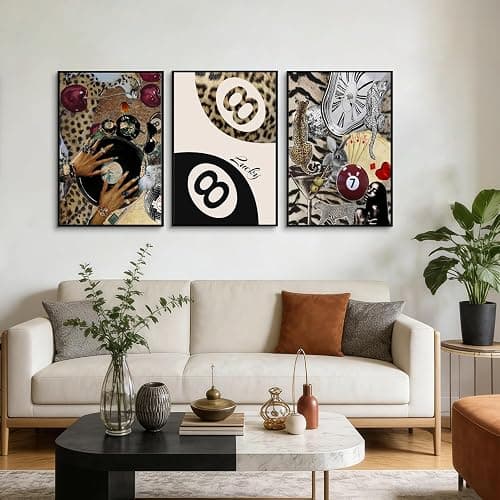 3 pcs Fashion Cheetah Canvas Wall Art Leopard Painting Wall Decor Lucky 8 Ball Poster Prints Artwork Dark Red Cheetah aesthetic Pictures for Bedroom Living Room bathroom Home Decor 12x16 in Unframed thumbnail 3