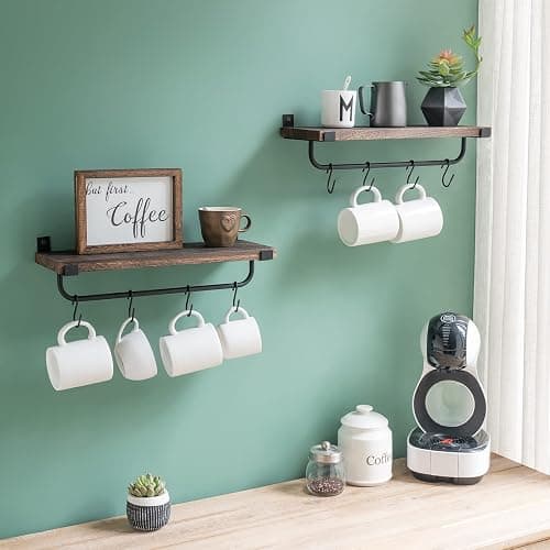 Mkono Mug Holder Wall Mounted Coffee Mug Rack Set of 2 Rustic Floating Shelf for Coffee Bar Accessories Wood Tea Cup Hooks Hanger for Organizing Cooking Utensils, Home Kitchen Decor, Brown thumbnail 2