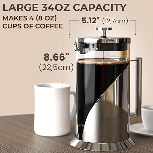 Cafe Du Chateau Stainless Steel French Press Coffee Maker 34 oz - Easy to Use Insulated Coffee Press with 4-Level Filtration, Manual Brewer for Tea, Camping & Travel with BPA Free, Durable Clear Glass thumbnail 8