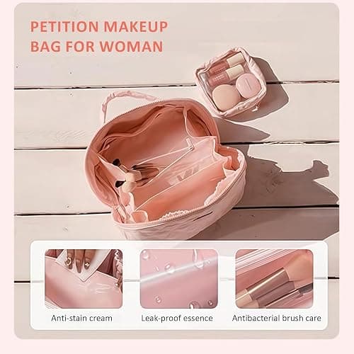 YUMEYPLEMI Petition Makeup Bag, Travel Makeup Bag Quilted for Woman, Wide Open Lay-Flat Water-Resistant Cosmetic Bag (Pink) thumbnail 5