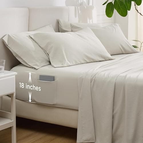 Bedsure Deep Pocket Queen Sheets - 6 Piece, Prewashed Ultra-Soft Queen Sheet Set, Fits Mattresses Up to 18 Inches Thick, Breathable & Secure Fit, Hotel Luxury Bedding, Linen - Image 1