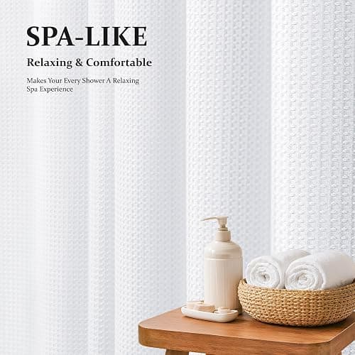 Dynamene Waffle Shower Curtain 256 GSM Heavy Duty Fabric 72"x72" White | Thick Textured Cloth, Weighted Hem, Water Repellent Washable, Hotel Luxury Polyester Shower Curtain Set for Bathroom 12 Hooks thumbnail 4