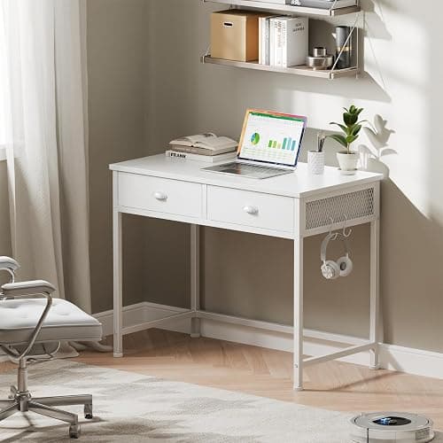Furologee White Small Computer Desk with 2 Fabric Drawers for Bedroom,34 Inch Simple Home Office Writing Desk, Vanity Desk with Hooks, Study Table for Adults Student Small Spaces thumbnail 8