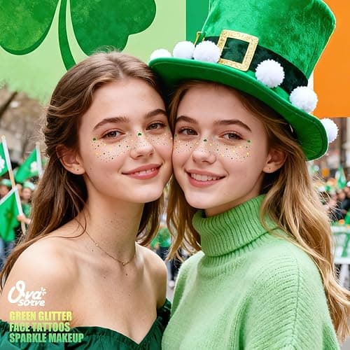 Ovasorve St Patricks Day Accessories Metallic Gold & Green Shamrock Freckles Temporary Tattoos - Shimmer Foil Clover Face Stickers for Women Girls, Waterproof Sparkle Irish Party Makeup (8 Sheets) thumbnail 2