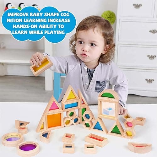 Agirlgle Wooden Rainbow Building Blocks for Kids 32 Pcs Rainbow Stacker Stacking Blocks Game Colorful Construction Toys Preschool Learning Educational Toys -Geometry Wooden Blocks for Boys & Girls thumbnail 3