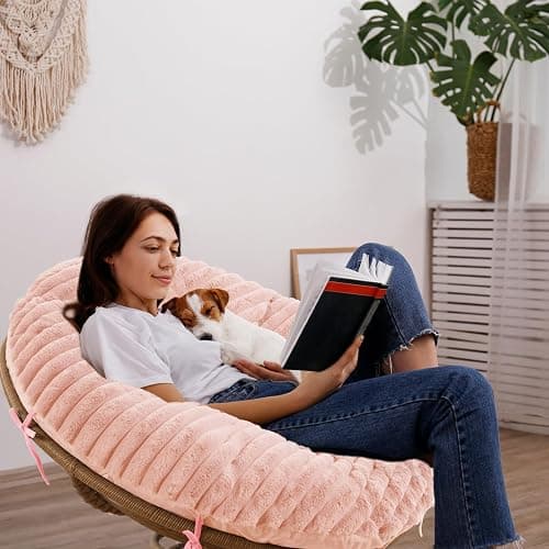 HOMBYS Fluffy Shaggy Cover for Papasan Chair Cushion, Plush Faux Fur Slipcover ONLY, (Without Cushion) Removable Soft Papasan Cushion Covers with 8 Ties, (Pink, 50"x50") thumbnail 2