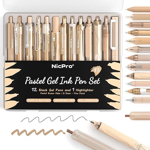 Nicpro 13PCS Pastel Gel Ink Pen Set with Case, Cute Retractable 0.5mm Fine Point Pen, 12 Black Ink Pen with 1 Highlighter, Aesthetic Drawing Pen for Student Note Taking,Writing,Office Supplies (Brown) - Image 1