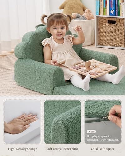 Blissful Diary Kids Couch, 2-in-1 Soft Toddler Couch Fold Out, Toddler Chair Comfy, Convertible Sofa to Lounger, Kids Furniture for Playroom, Gift for Birthday, Children's Day, Green Shell thumbnail 5