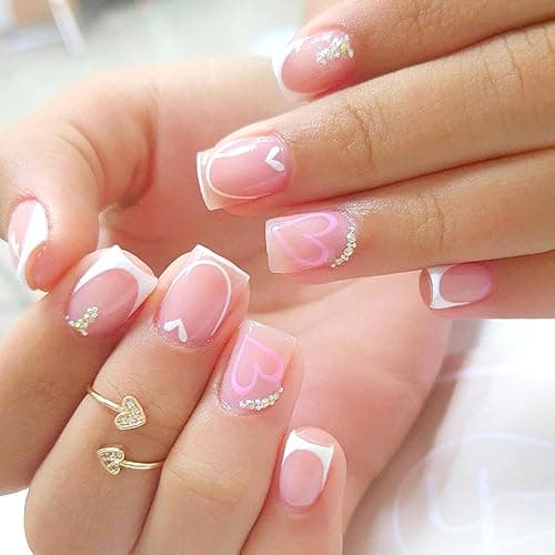 24Pcs French Tip Press on Nails with Nude Pink Hearts Design,Glossy Short Square False Nails Rhinestones Acrylic Fake Love Heart Stick on Fingernails Valentine's Press ons Cute Glue on Nail for Women - Image 1