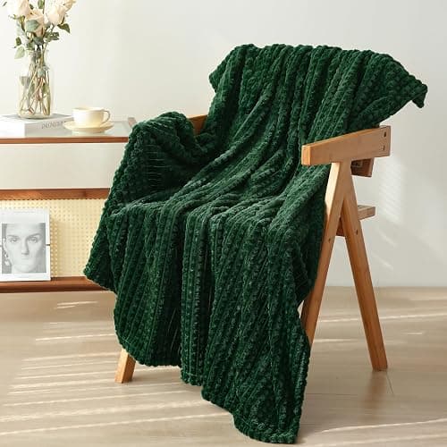 Puncuntex Green Throw Blanket 50"×60" Decorations Fleece Super Soft Plush Fuzzy Cozy Blanket with Square 3D Jacquard Grid Design Luxury Lightweight for Couch Sofa Chair,Dark Forest Green - Image 1