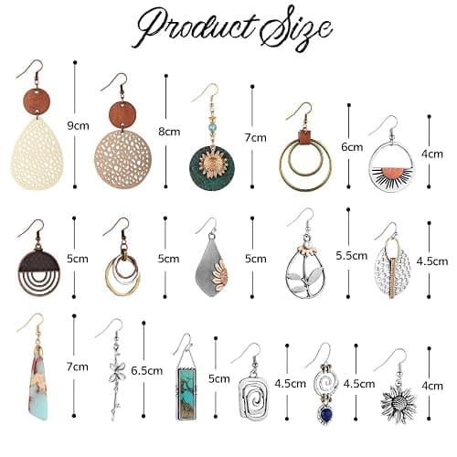 16 Pairs Earrings for Women Trendy, Funtopia Boho Dangle Earrings for Women, Vintage Statement Sunflower Round Geometric Earrings Wooden Leather Earrings thumbnail 7