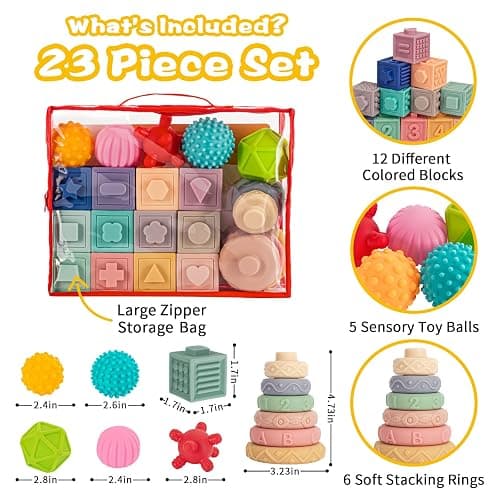 SpringFlower 3 in 1 Montessori Toys for Babies 0-3-6-12 Months, Soft Baby Teething, Stacking Building Blocks for Infants, Sensory Developmental Education Toys for Toddler Baby 12-18 Months,23 PCS thumbnail 3