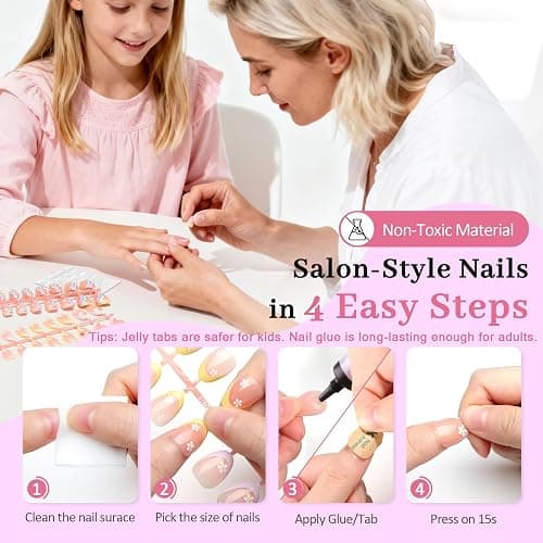 Qiek 16 Sizes 128 Pieces Press on Nails for Kids, 4 pack Kids Nail Kit Colorful Flower Almond Fake Nail Tips for Girls 8-12 Years Old with Jelly Nail Adhesives & Nail Glue Birthday Christmas Gifts thumbnail 8