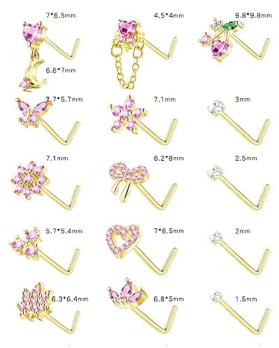 BSJ4U Nose Rings L Shaped for Women Nose Piercings 20G Surgical Stainless Steel Gold Plated Nose Studs Pink Red CZ Heart Butterfly Flower Cherry Bow Moon Dangle Nose Piercing Jewelry thumbnail 6