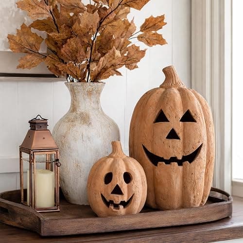 Fall Decor - Halloween Decorations - 15" H Handmade Terracotta Pumpkin Jack O' Lantern Outdoor Indoor -Cute Halloween Farmhouse Autumn Festival Decoration for Home Table Porch Mantel Front Door Room thumbnail 5