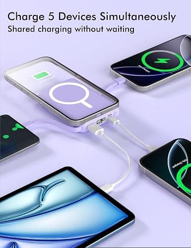 podoru for Magsafe Battery Pack, 10000mAh Magnetic Power Bank Built-in Double USB C Cables 20W PD Fast Charging LED Display Wireless Portable Charger for iPhone 17/16/15/14/13/12 Series-Purple thumbnail 2