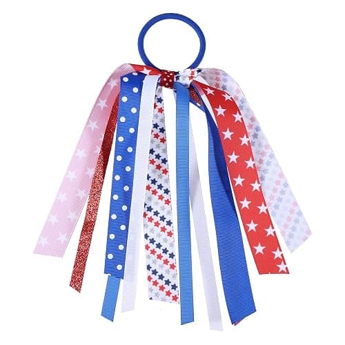 Girls Patriotic Ponytail Hair Ribbon Streamer 4th of July Red White Blue American Flag Pony Holder Elastic Hair Tie Bands Independence Memorial Day outfit Pigtail Decor Accessories - Image 1