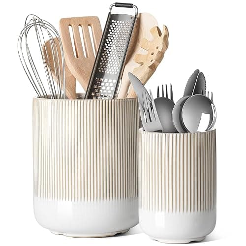 LE TAUCI Utensil Holder, 7.3"+5.4" Ceramic Kitchen Utensil Holder for Countertop, Large Cooking Utensil Crocks Gift for Mom, Boho Farmhouse Kitchen Decor, Set of 2, Reactive Glaze Arctic White - Glaze Arctic White - Image 1