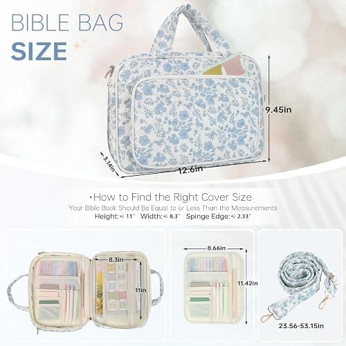 Bible Cover Case for Women Bible Study Supplies Church Camp Essentials Christian Gifts for Women Journaling Kit Quilted Large Bible Book Sleeve (Blue Flower, Large) thumbnail 2