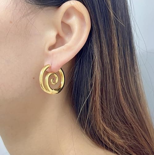 Sea Wave Spiral Hoop Earrings for Women Stainless Steel 18K Golden Plated Swirl Chunky Round Huggie Hoops Earring Fashion Birthday Jewelry Gifts Holiday thumbnail 3