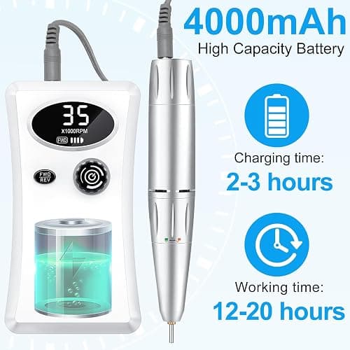 Electric Nail Drill, Urbuti 35000RPM Professional Nail Drill Machine, Portable Rechargeable File Machine Set for Acrylic Gel Nails, Manicure Pedicure Tools for Home and Salon Use(White) thumbnail 2